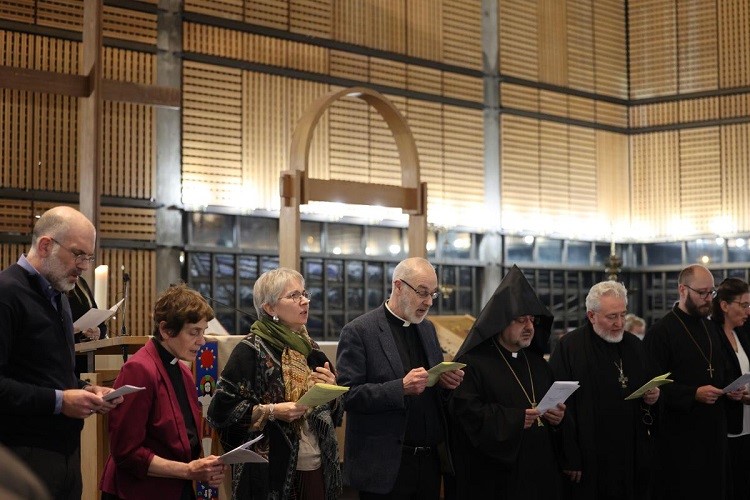 Leaders from a variety of traditions gather to give the final blessing, as a near-brimful chapel at the Ecumenical Centre in Geneva serves as the venue for a prayer to celebrate the Week of Prayer for Christian Unity, 2023. The prayer is hosted by the World Council of Churches together with the Committee of the Fellowship of Christian Churches on 18 January 2023, in Geneva, Switzerland.