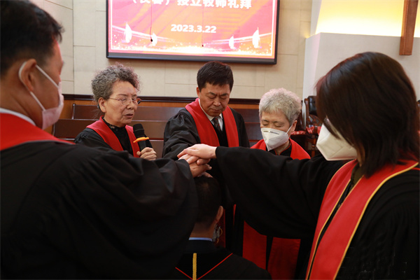 The pastorate from Jilin CC&TSPM ordained a male pastor during a ordination service at West Wuma Road Church in Changchun, Jilin, on March 22, 2023.