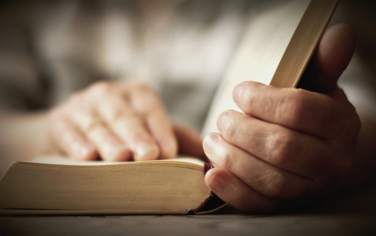 A picture shows a person reading the Bible.