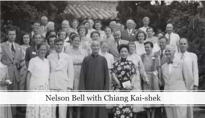 Dr. Nelson Bell pictured with Chiang Kai-shek, Madame Chiang, and other people at an occasion.