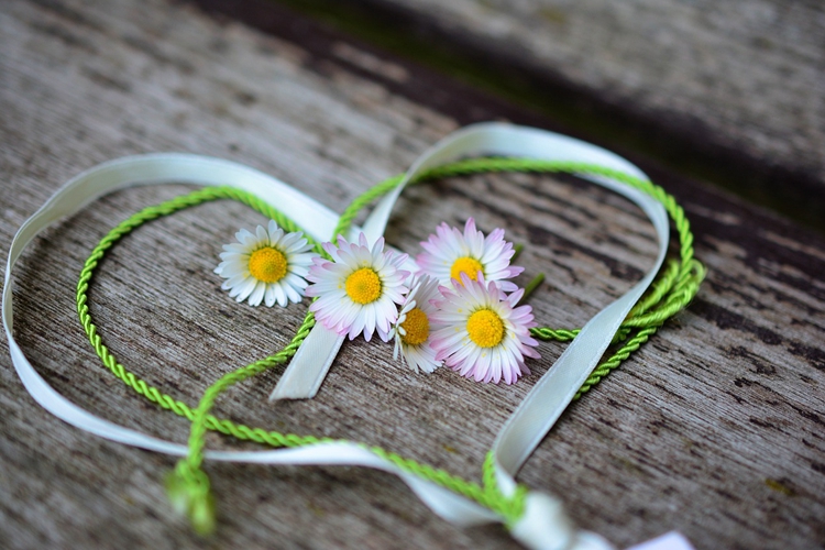 A picture of a heart made of green ribbons and some small flowers 