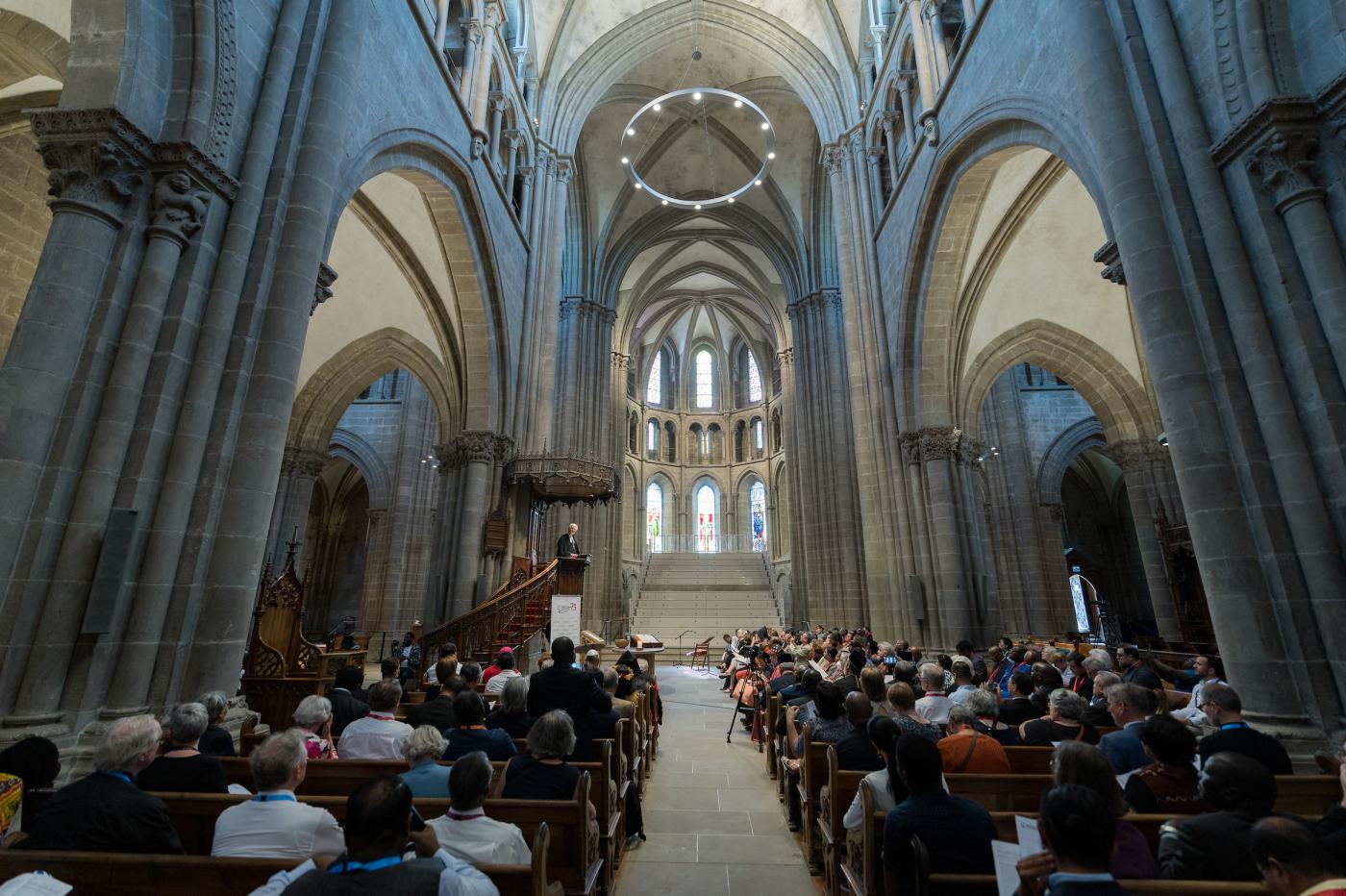 25 June 2023, Geneva, Switzerland: The World Council of Churches central committee – gathered in Geneva on 21-27 June 2023 for its first full meeting following the WCC 11th Assembly in Karlsruhe in 2022 – joins local congregants at the St Pierre Cathedral in central Geneva to celebrate the 75th anniversary since the founding of the Council in 1948. 