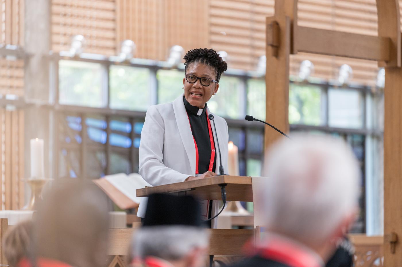 7 June 2023, Geneva, Switzerland: WCC central committee vice-moderator Rev. Merlyn Hyde Riley preaches during closing prayer of the World Council of Churches central committee, gathered in Geneva on 21-27 June 2023 for its first full meeting following the WCC 11th Assembly in Karlsruhe in 2022. 