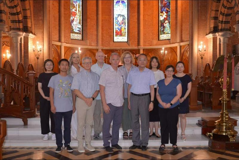 Rev. Shen Xuebin, the vice president of the China CC (2nd R) with staff members of CCC&TSPM and the delegation from the Outreach Foundation of the Presbyterian Church in the USA took a group picture in the Holy Trinity Cathedral in Shanghai on July 24th, 2023.