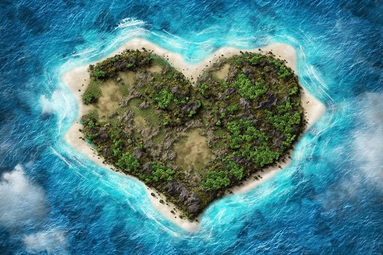 A picture of an island in the shape of a heart