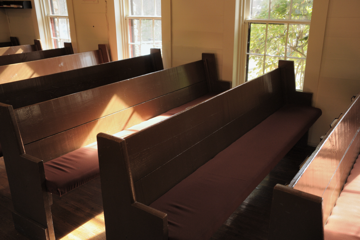 A picture of church pews in the morning sunshine