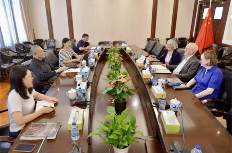 Rev. Shen Xuebin, residential vice president of the China Christian Council (the second in the left row), welcomed Rev. Venerable Godfrey Stone (the middle in the right row), chairman of the Friends of the Church in China, and its delegation from England in Shanghai on August 25, 2023.