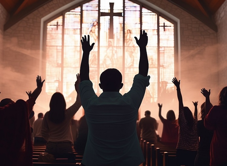 A picture of some persons worshipping God at a church