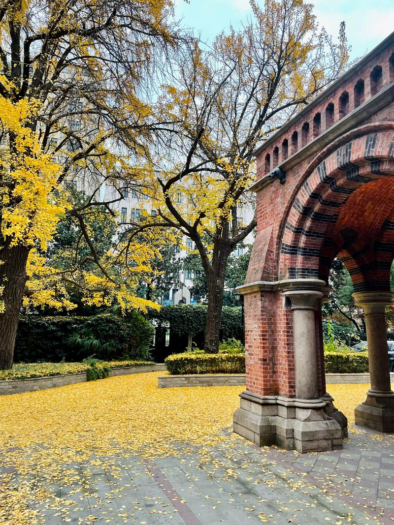 A picture of the corner of "the Red Church" along with trees and yellow leaves on the ground