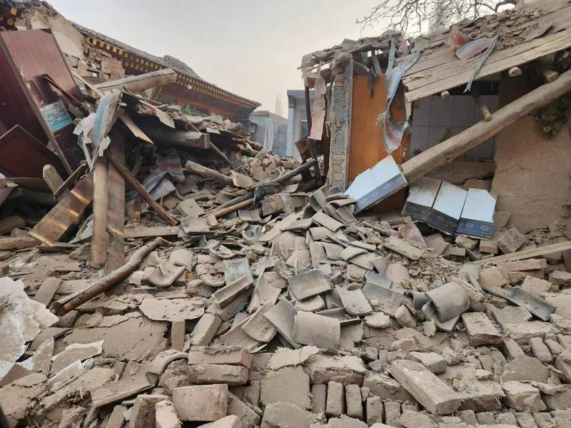 A picture of the collapsed pieces of the houses in the earthquake-stricken Jishishan County, in Linxia Hui Autonomous Prefecture, Gansu Province