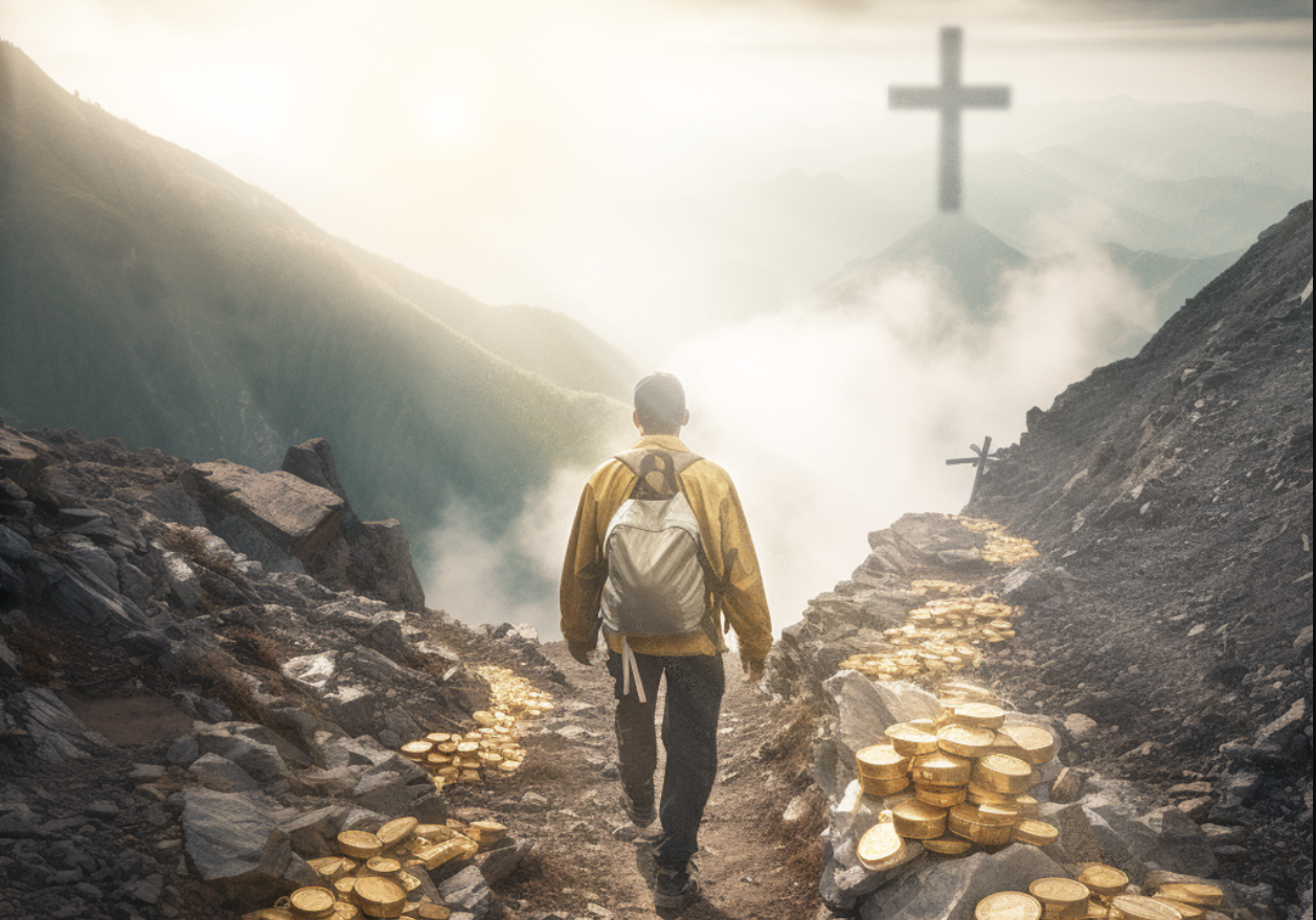 A man walks along a path of rocks and coins in the mountain toward the cross.