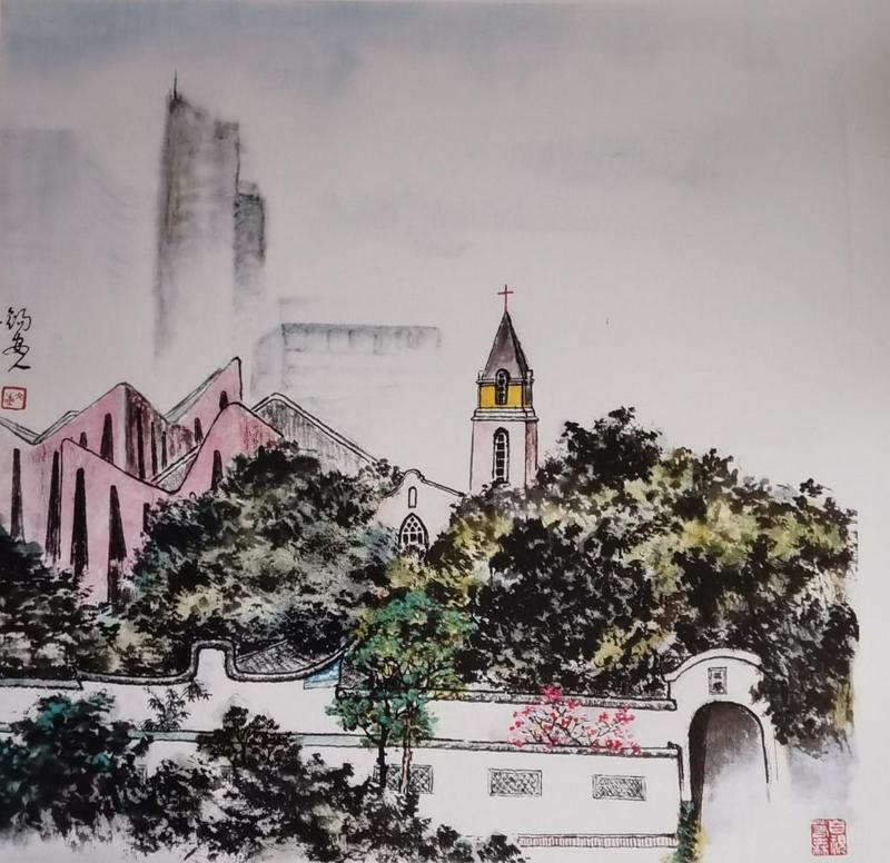 A Chinese painting of Fuzhou Huaxiang Church by Brother Guo