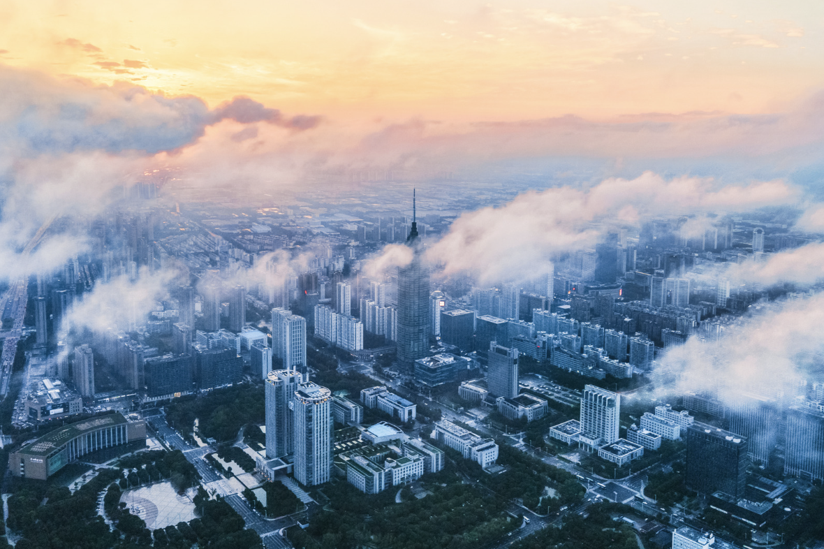 A picture of modern buildings in the cloud in Jiangsu Province
