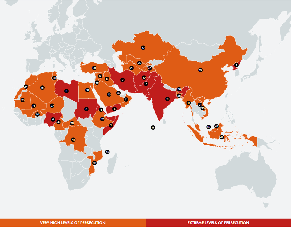 A map of the 2024 World Watch List compiled by Open Doors