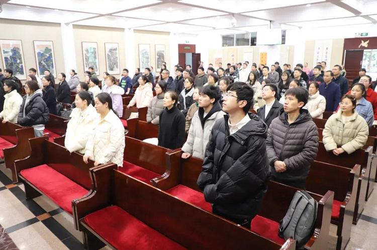 Students and the faculty of Zhejiang Theological Seminary worshipped God during a World Day of Prayer service on March 8, 2024.