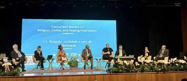 Latin Evangelical Alliance President Pastor Juan Cruz Cellammare speaks during a panel session at the G20 Interfaith Forum in Brasilia, Brazil. 