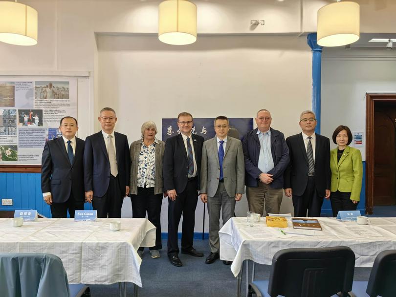 A group photo was taken during the opening ceremony of a new exhibition, "Eric Liddell and Weifang" in Edinburgh, UK, on Thursday, August 22, 2024. (From left to right: Hua Zhang, Director of Foreign Affairs Office of Weifang Municipal Government; Xuchun Zhao, Deputy Minister of the Publicity Department of the Weifang Municipal Committee of the CPC, Director of the Weifang Publicity and Culture Service Centre; Sue Caton, Eric Liddell’s niece and Patron of The Eric Liddell Community; John Macmillan, CEO of The Eric Liddell Community; Biao Zhang, Chinese Consulate General in Edinburgh; Prof Ian Baxter, Director of the Scottish Confucius Institute for Business & Communication, Heriot-Watt University; Lijun Su, Deputy Director of Weifang Department of Culture and Tourism; Prof Ping Zhang, Co-Director, Scottish Confucius Institute for Business and Communication, Heriot-Watt University)