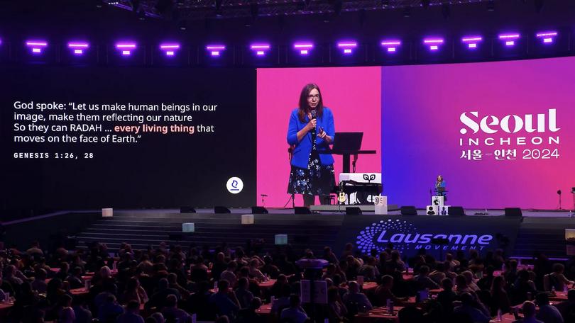 Dr. Katharine Hayhoe spoke at the first evening session of the Fourth Lausanne Congress on World Evangelization in Incheon, South Korea, on September 23, 2024.