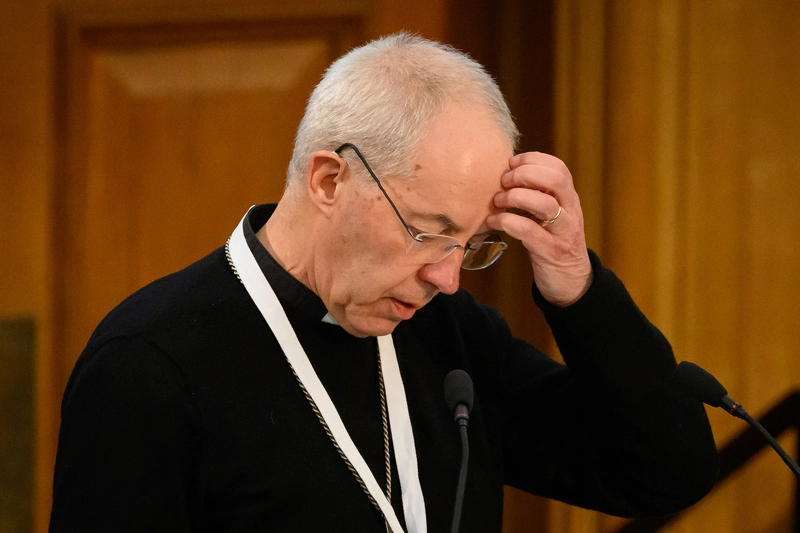 Archbishop of Canterbury Justin Welby addresses General Synod delegates during the debate on gay marriage at The Church House on February 08, 2023 in London, England.