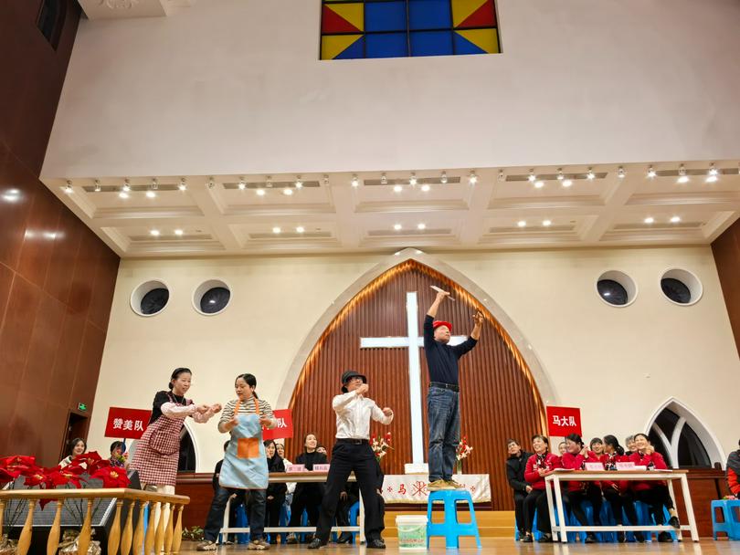 Contestants perform a situational drama during the Bible contest marked "Bible Day" for Chinese churches at the Dianshan Lake Church in Kunshan City, Jiangsu Province, on November 20, 2024.