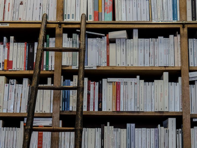 A ladder leans on a bookshelf full of books.