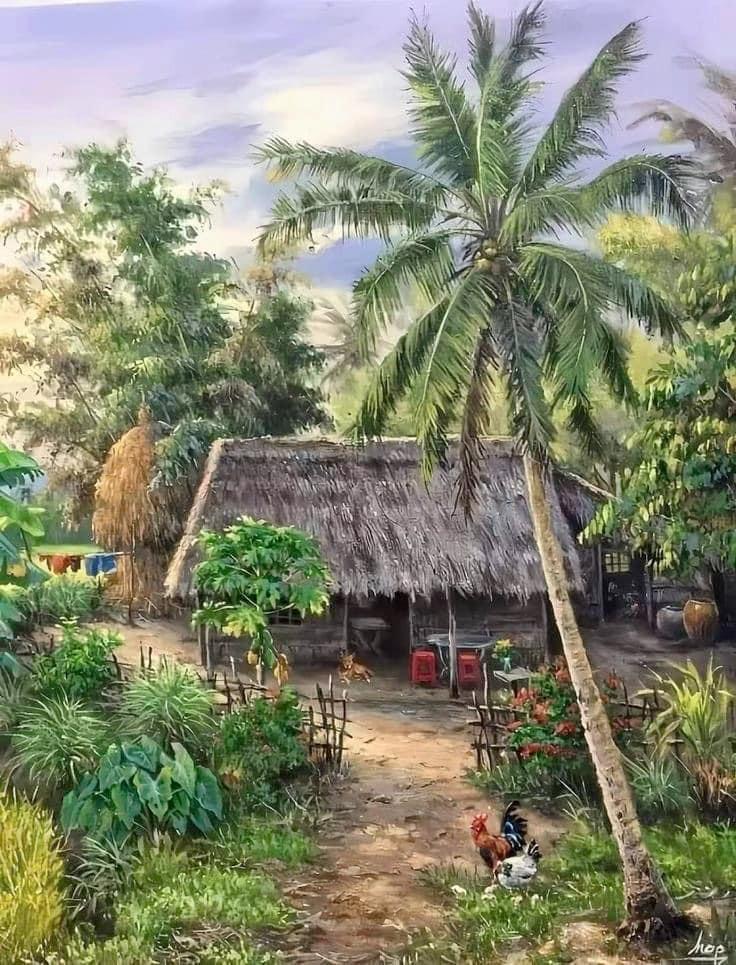 A landscape painting of a rural cottage