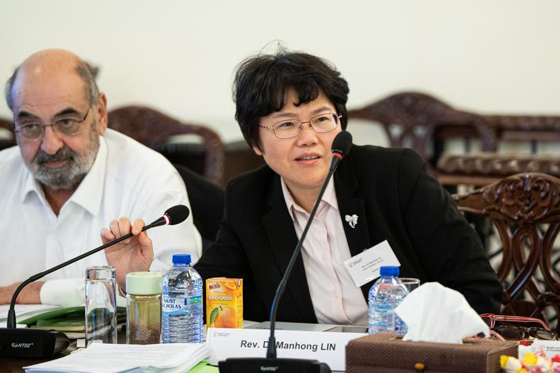 Rev. Lin Manhong, vice president and general secretary of the China Christian Council, spoke during a plenary session at the World Council of Churches (WCC) executive committee meeting convened in Paralimni, Cyprus, on November 22, 2024.