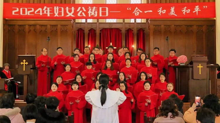 The choir members were singing a hymn during a World Day of Prayer service conducted at Community Church in Shanghai on March 8, 2024.