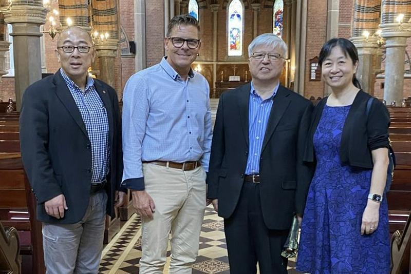 The China Partner team (from left to right: Rev. Frank Wang, Rev. Erik Burklin, Dr. Charlie Li and his wife, Sharon) gathered in Holy Trinity Cathedral in Shanghai during their September trip back to China for the first time in four years.
