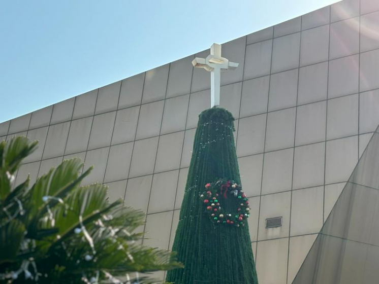 A white cross towering inside Rock Church in Hangzhou, Zhejiang