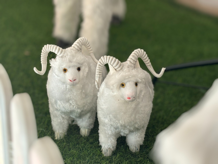 A closed view of two sheep decorated at the Gongchen Church in Hangzhou City, Zhejiang Province