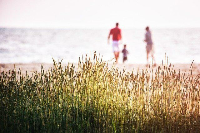 A picture shows a family playing beside the sea.