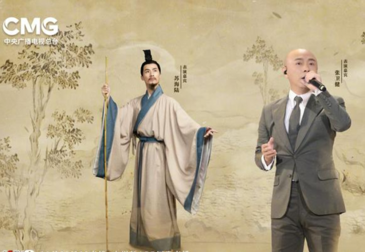 A poster of celebrity Dicky Cheung (right) participating in the recording of CCTV cultural program named "Poetry and Painting China."