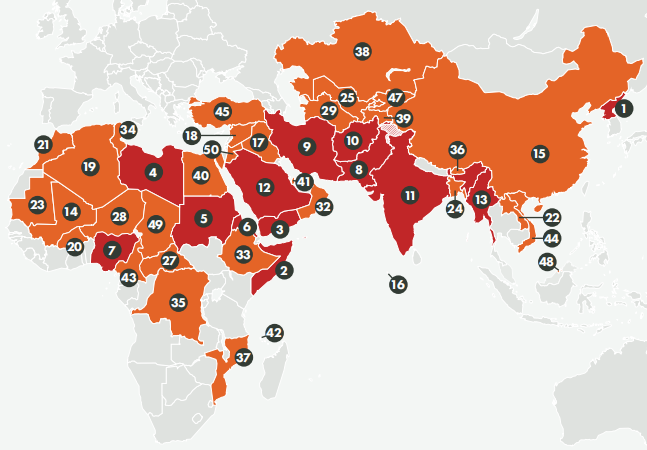 A part of the map of the 2025 World Watch List compiled by Open Doors
