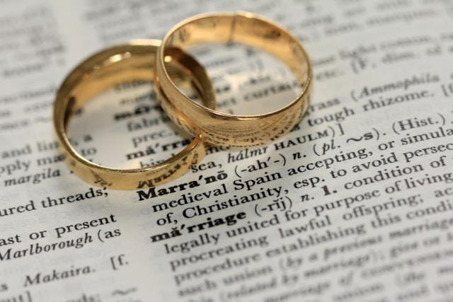 A pair of wedding rings on an open dictionary