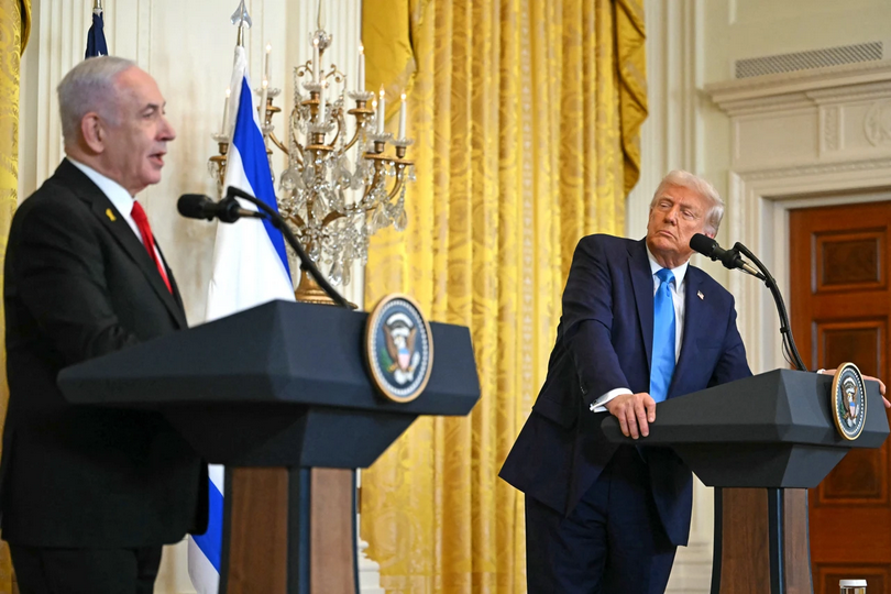 U.S. President Donald Trump (R) listens to Israel’s Prime Minister Benjamin Netanyahu speak during a press conference in the White House in Washington, D.C., Feb. 4, 2025. 