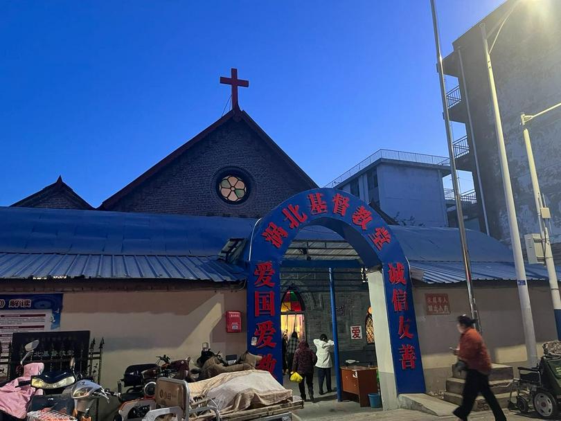 An exterior picture of the Wobei Church in Haozhou, Anhui Province, at dawn