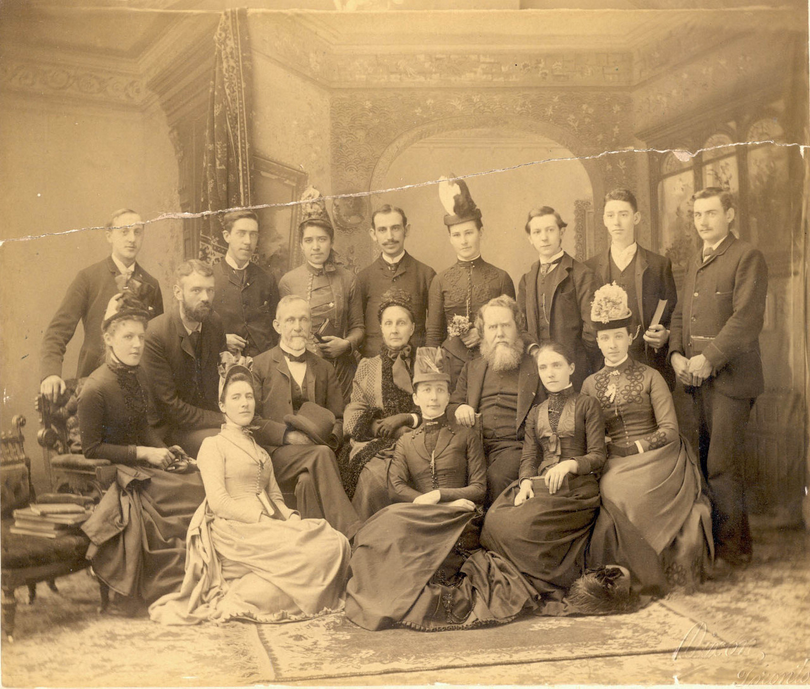 Photo of the first party of CIM missionaries from North America, just before their departure from Canada for China. The man seated third from left in the second row if James Hudson Taylor, founder of the mission.
