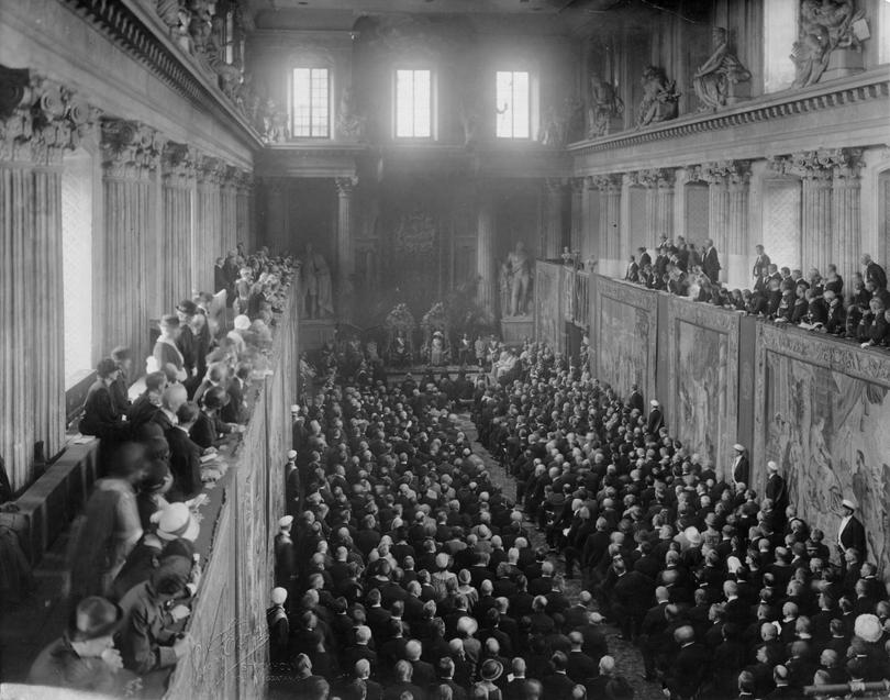 The King and Queen of Sweden welcomed the delegates to the Universal Christian Conference on Life and Work, Stockholm, Sweden, 1925. 