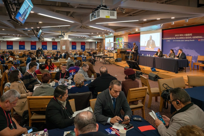 Delegates attend a business session at the World Evangelical Alliance General Assembly in Seoul, South Korea, where the draft Seoul Declaration was presented for discussion and feedback before a plenary vote.