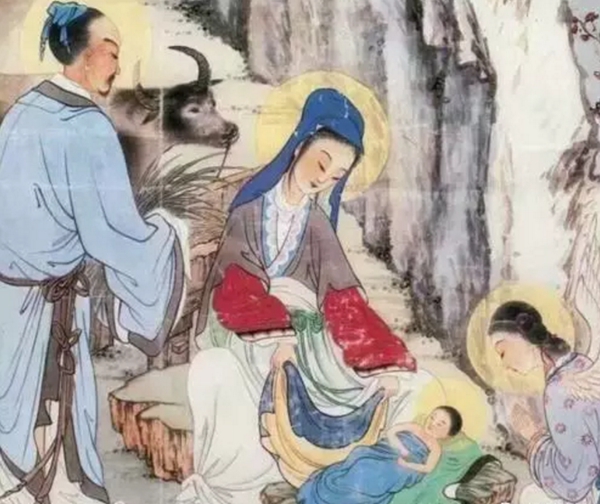 “Jesus was born in a manger” illustrated in a Chinese painting