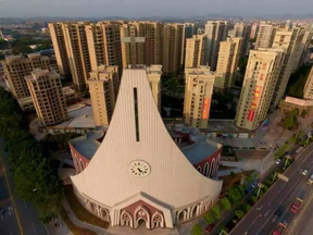 The aerial view of the new church of Beimen Church in Fujian