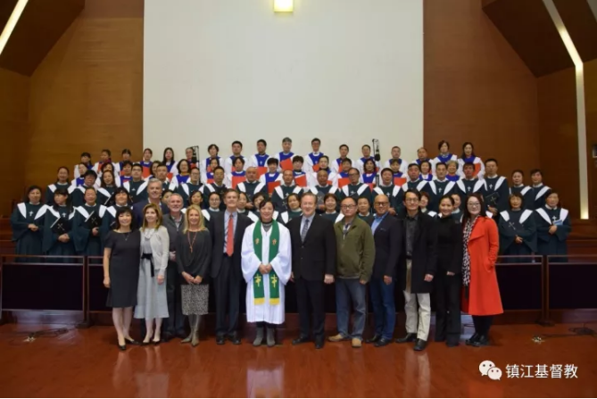 Group photo: eleven-visitor delegation from Word4Asia, the staff of Hudson Taylor Memorial Church, and choirs.
