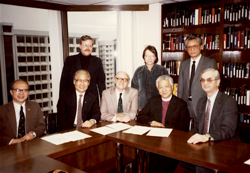 March 1985 meeting in Hong Kong. L-R: 1st row Dr Han, Rev Chan Young Choi, Rev James Payne, Bishop Ting, Rev Dr John Erickson. 2nd row: Dr Philip Wickeri, Mrs Wickeri, Dr Loh.