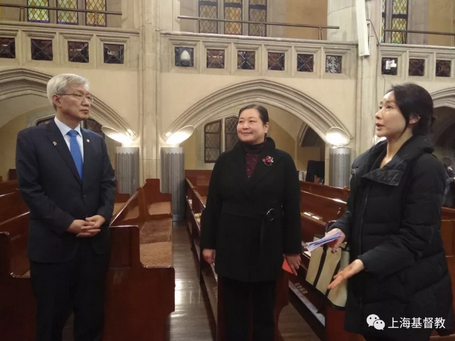 The Korean team including Lee Taeho (left), second Korean vice minister of foreign affairs, visited Shanghai Moore Memorial Church on Mar. 1, 2019.