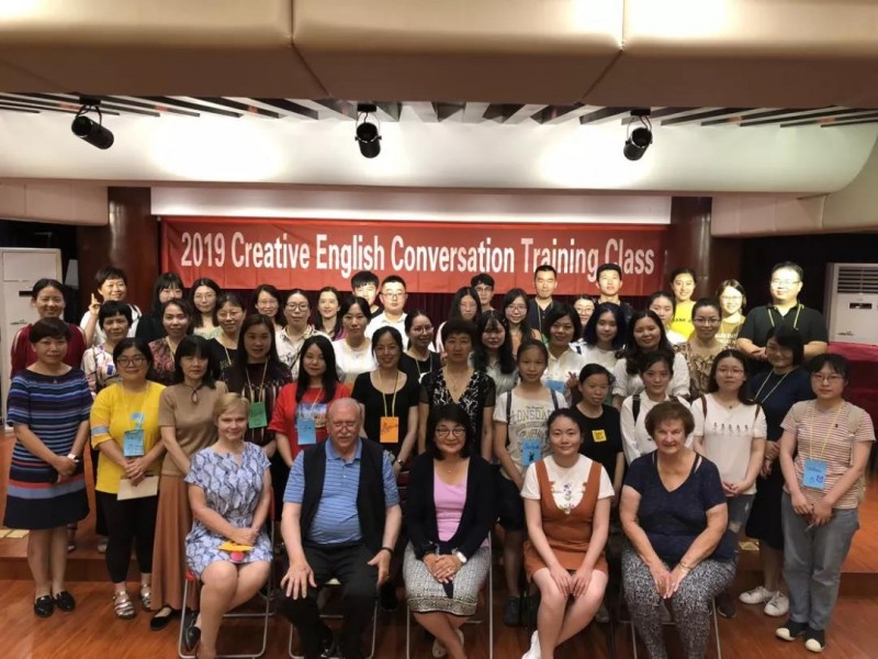 Group phot of the teachers and volunteers in the "2019 Creative English Conversation Training Class”