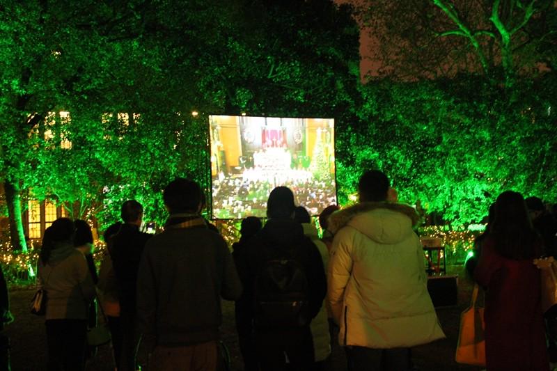 A large electronic display screen was put in the courtyard for believers who couldn't enter the main hall to watch the Christmas Eve service on Dec. 24, 2019.