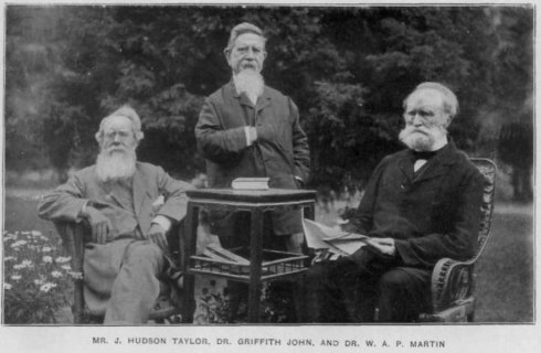 Group photo of Hudson Taylor, Griffith John, and William Alexander Parsons Martin