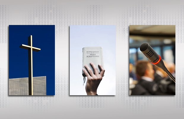 A cross, the Bible, and a microphone.