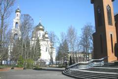 "Resurrection Church" in the foreground, the Orthodox one on the other side of the street, taken on 15 March, 2020.